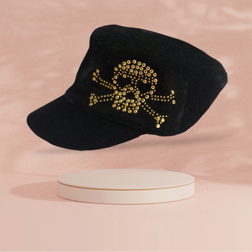 Scala Pronto Black Velvet Cadet Cap Gold Studded Skull Heart Hat